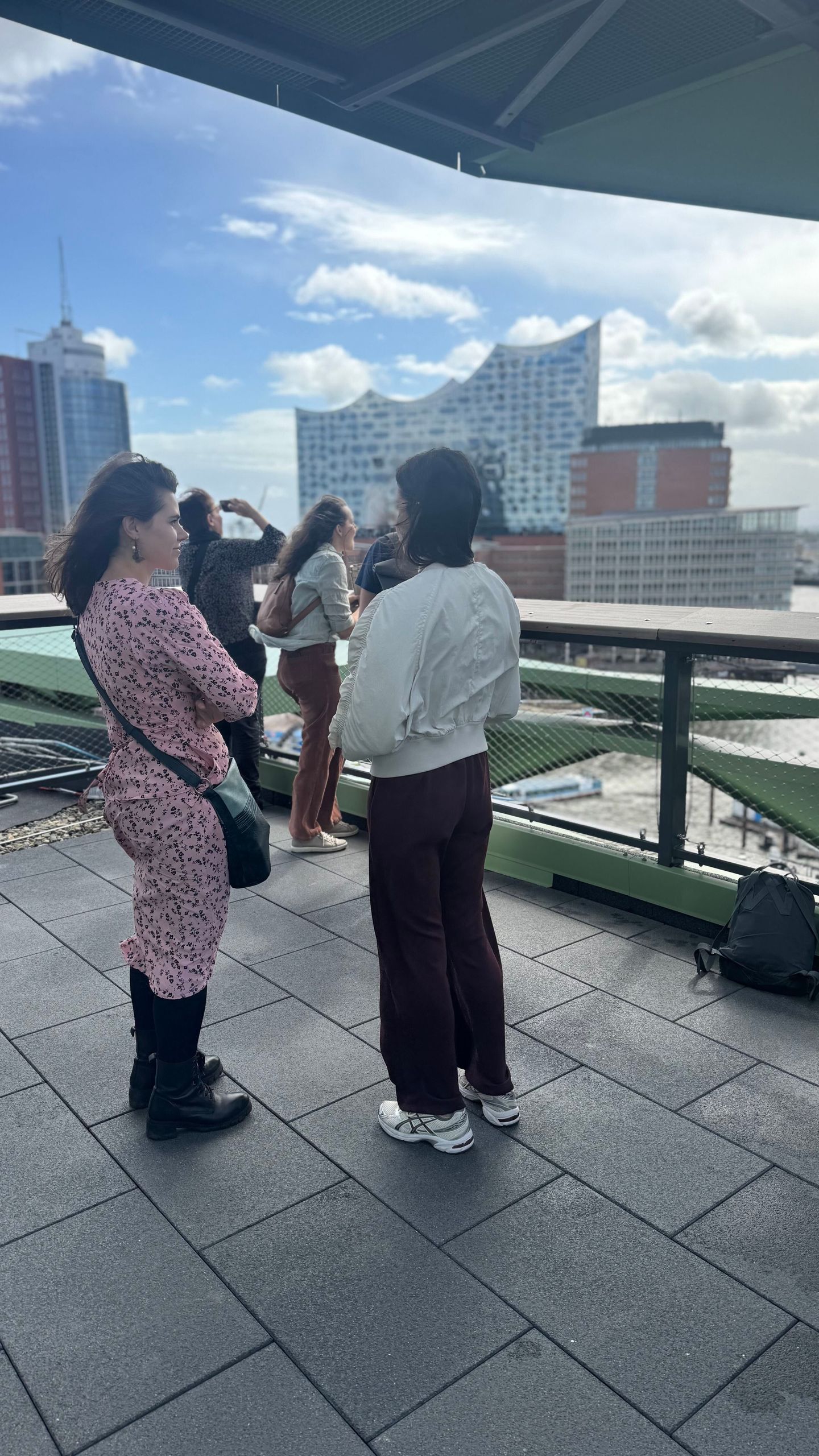 Group enjoying the rooftop terrace view of the Elbphilharmonie